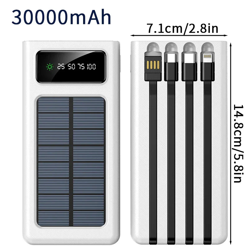 20000/30000mAh  Solar Power Bank LED Light   Large Capacity Fast Charging Battery With 4-Cables Outdoor Power Bank