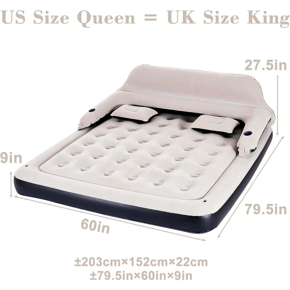 Hot-Sell! - Queen Size Air Mattress Sofa Bed with Headboard and Pillow, Inflatable Bed for Outdoor Overnight