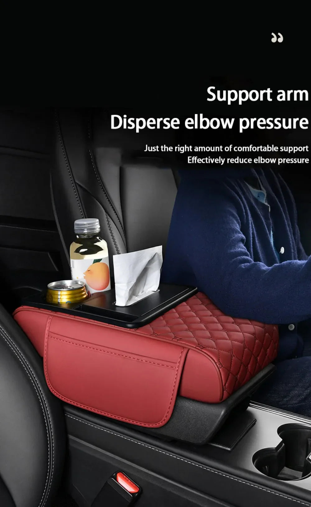 Portable Center Console Armrest Cushion PU Leather Multifunctional Armrest Pad Height Increasing with Cup Holder Tissue Box