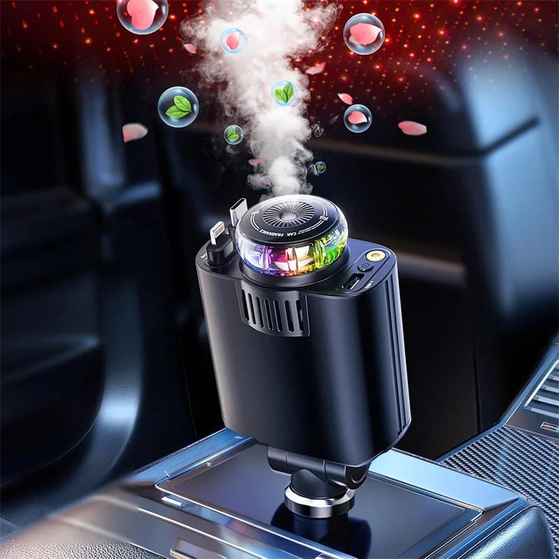 45W 5 In 1 Car Charger With Retractable Cable& Air Freshner USB/Type C Aroma Starlight Car Adapter USB/Type C PD3.0 For Phone