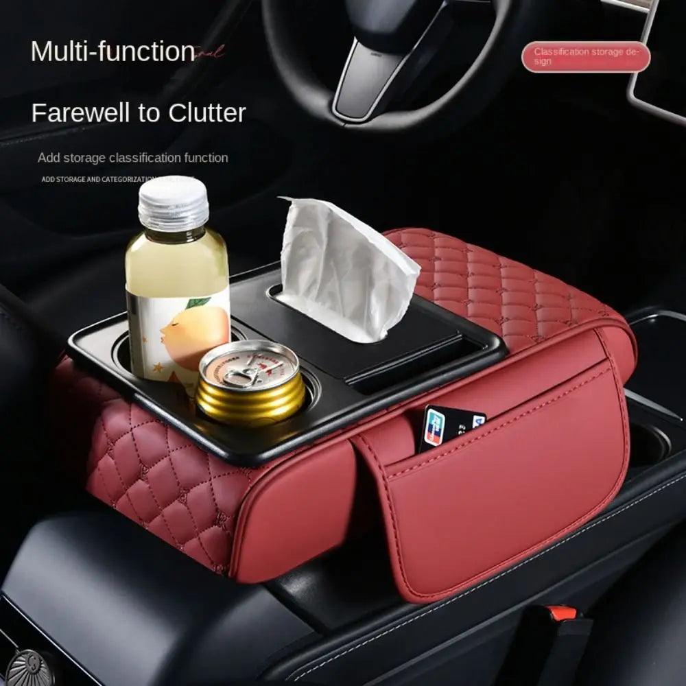 Portable Center Console Armrest Cushion PU Leather Multifunctional Armrest Pad Height Increasing with Cup Holder Tissue Box