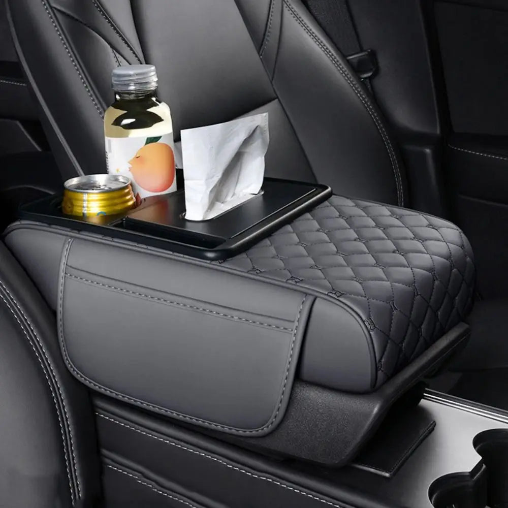 Portable Center Console Armrest Cushion PU Leather Multifunctional Armrest Pad Height Increasing with Cup Holder Tissue Box
