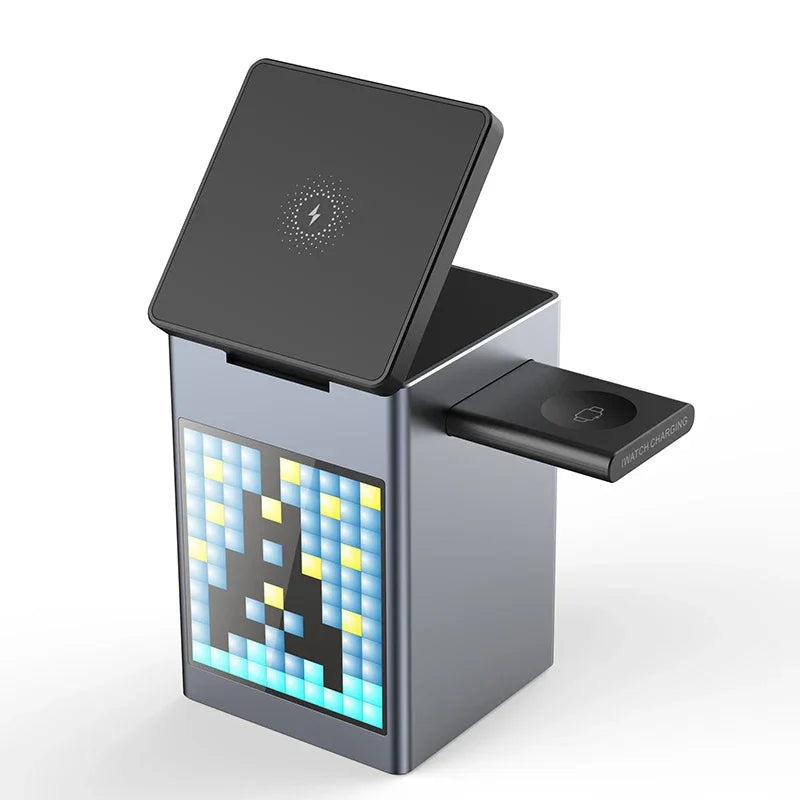 6-in-1 multifunctional wireless fast charging Bluetooth speaker alarm clock cartoon pixel for charging mobile phones/watches