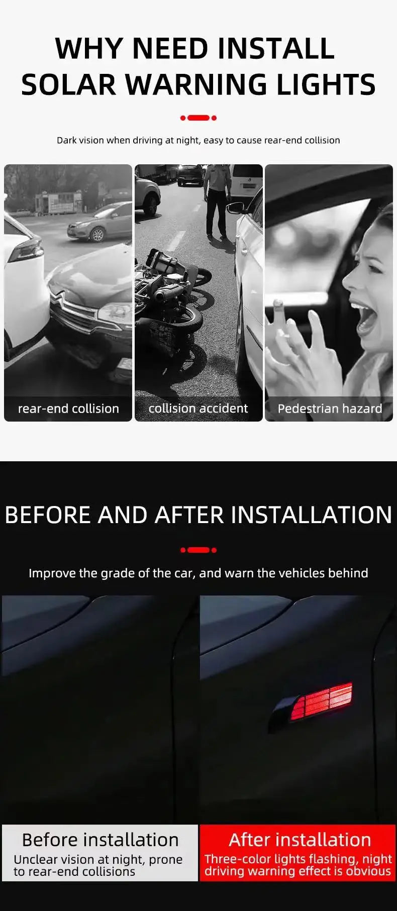 2pcs Car Solar Flashing LED Warning Lights Universal Adjustable Automotive Parking Rearing Warning Light Car Styling Accessories