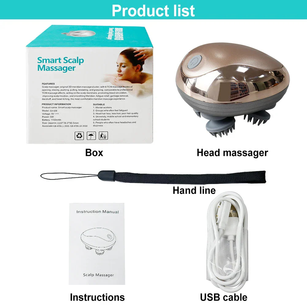 Electric Scalp Massager Heads Scalp Kneading Vibrating Device 6 Modes for Hair Growth Stress Relax Waterproof Massageador