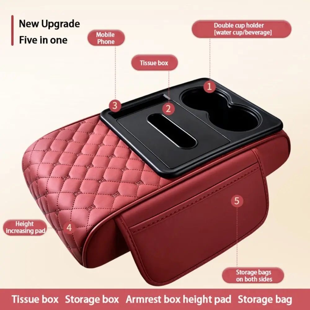 Portable Center Console Armrest Cushion PU Leather Multifunctional Armrest Pad Height Increasing with Cup Holder Tissue Box