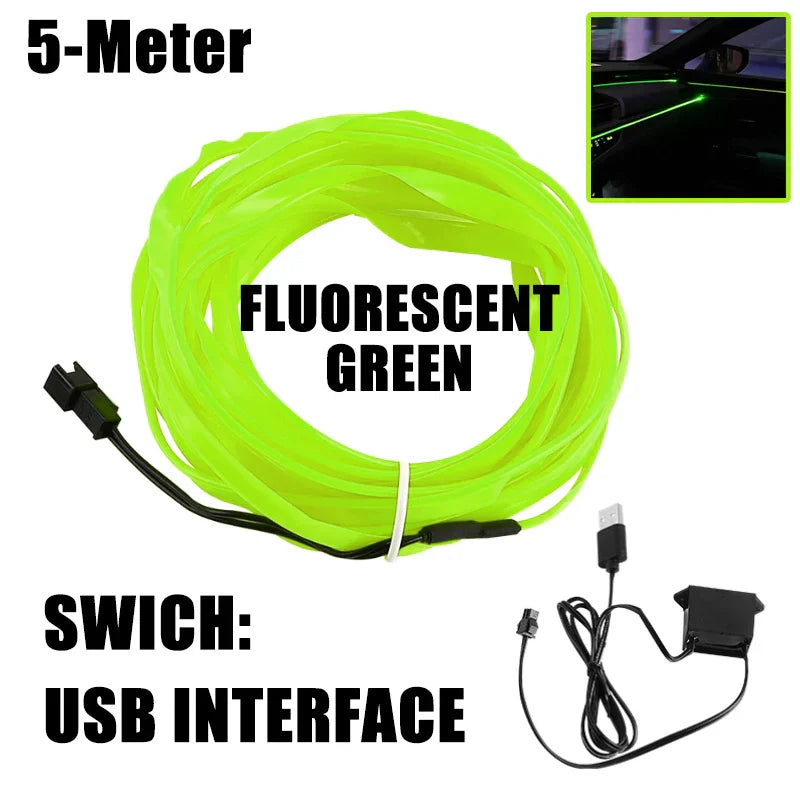 5m Car Interior Ambient Light USB/Cigarette Lighter Flexible Atmosphere Led Light Strip Universal Single-Color Auto Neon Lamp