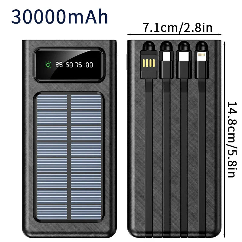 20000/30000mAh  Solar Power Bank LED Light   Large Capacity Fast Charging Battery With 4-Cables Outdoor Power Bank