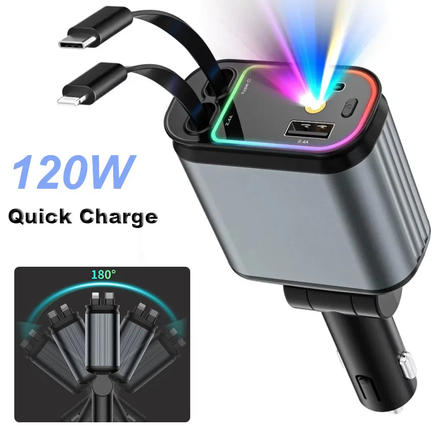 4 in 1 Car Charger with Retractable Cable Atmosphere Lamp Star Top Light 120W Adapter Car Phone Charger USB Type-C Ports 12-24V